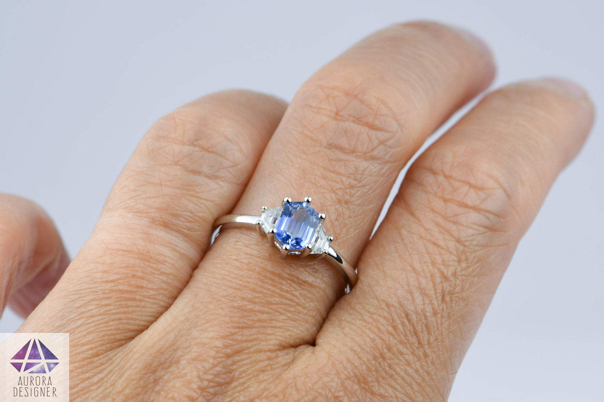 Hexagon Blue Sapphire with Moissanite Sides 14K White Gold Ring Diamond Alternative AD2010