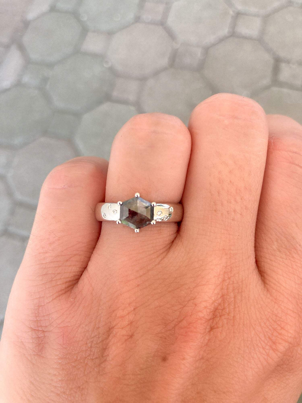Hexagon Salt and Pepper Diamond 14K White Gold Engagement Ring R6033