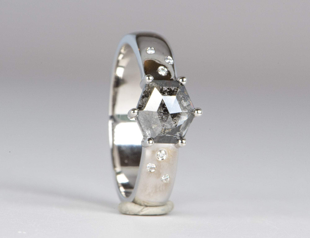 Hexagon Salt and Pepper Diamond 14K White Gold Engagement Ring R6033