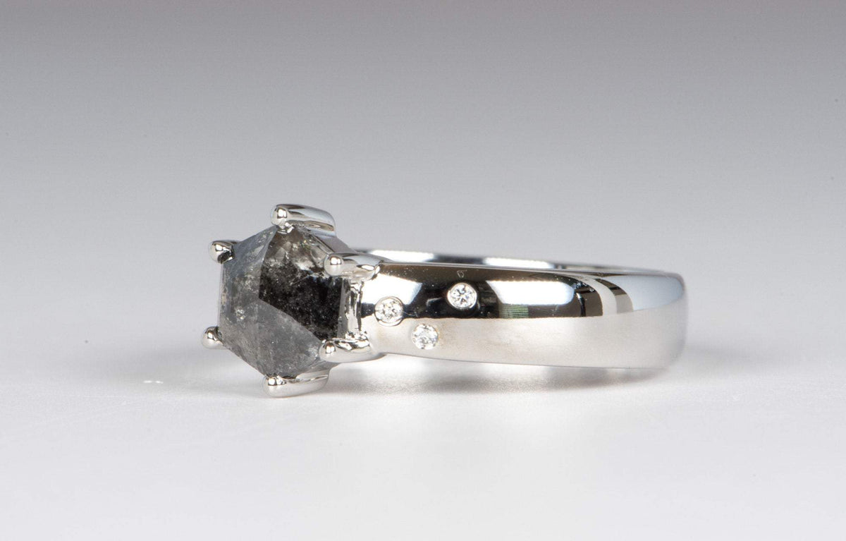 Hexagon Salt and Pepper Diamond 14K White Gold Engagement Ring R6033