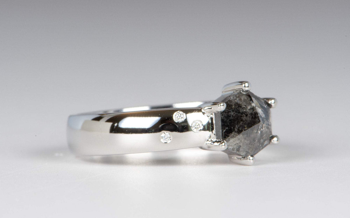 Hexagon Salt and Pepper Diamond 14K White Gold Engagement Ring R6033