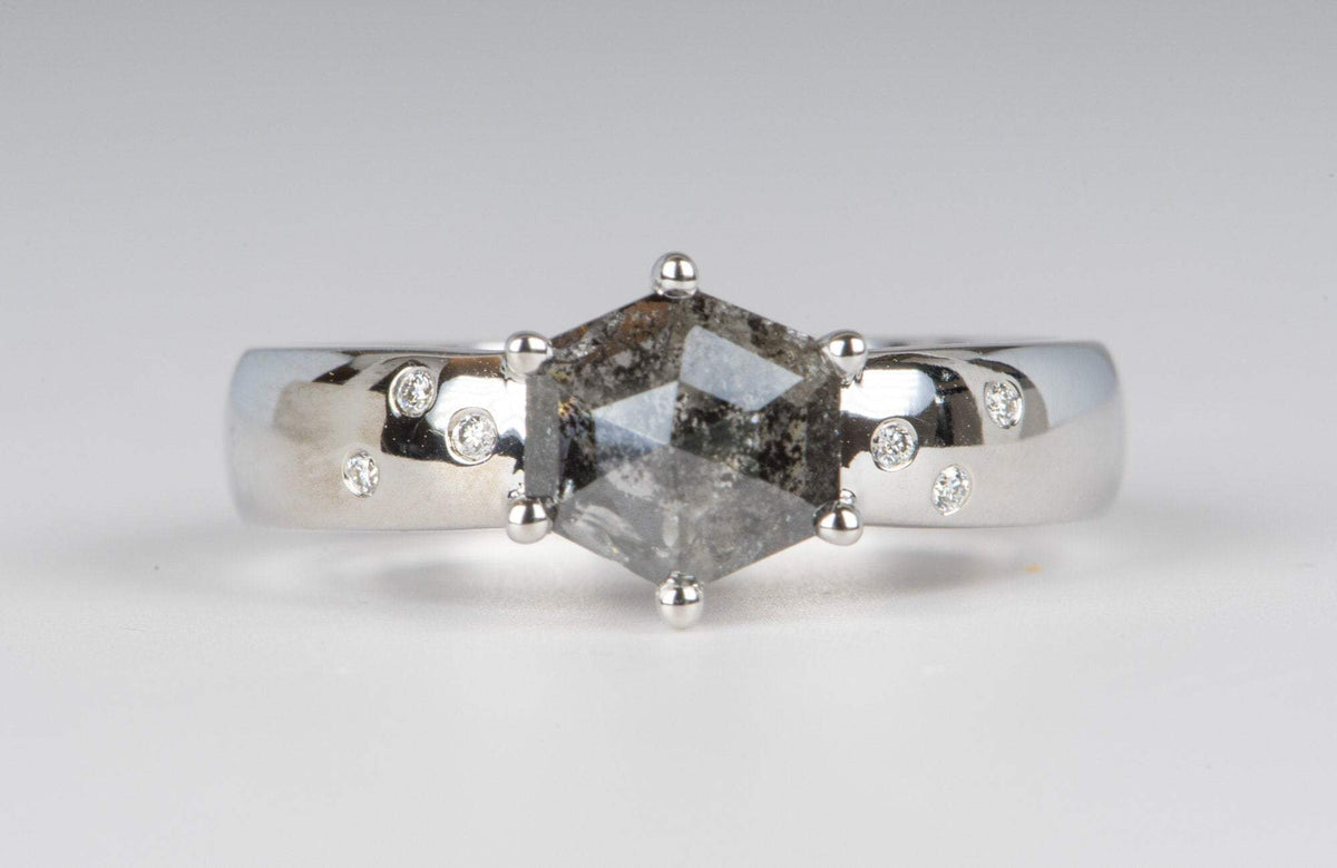 Hexagon Salt and Pepper Diamond 14K White Gold Engagement Ring R6033