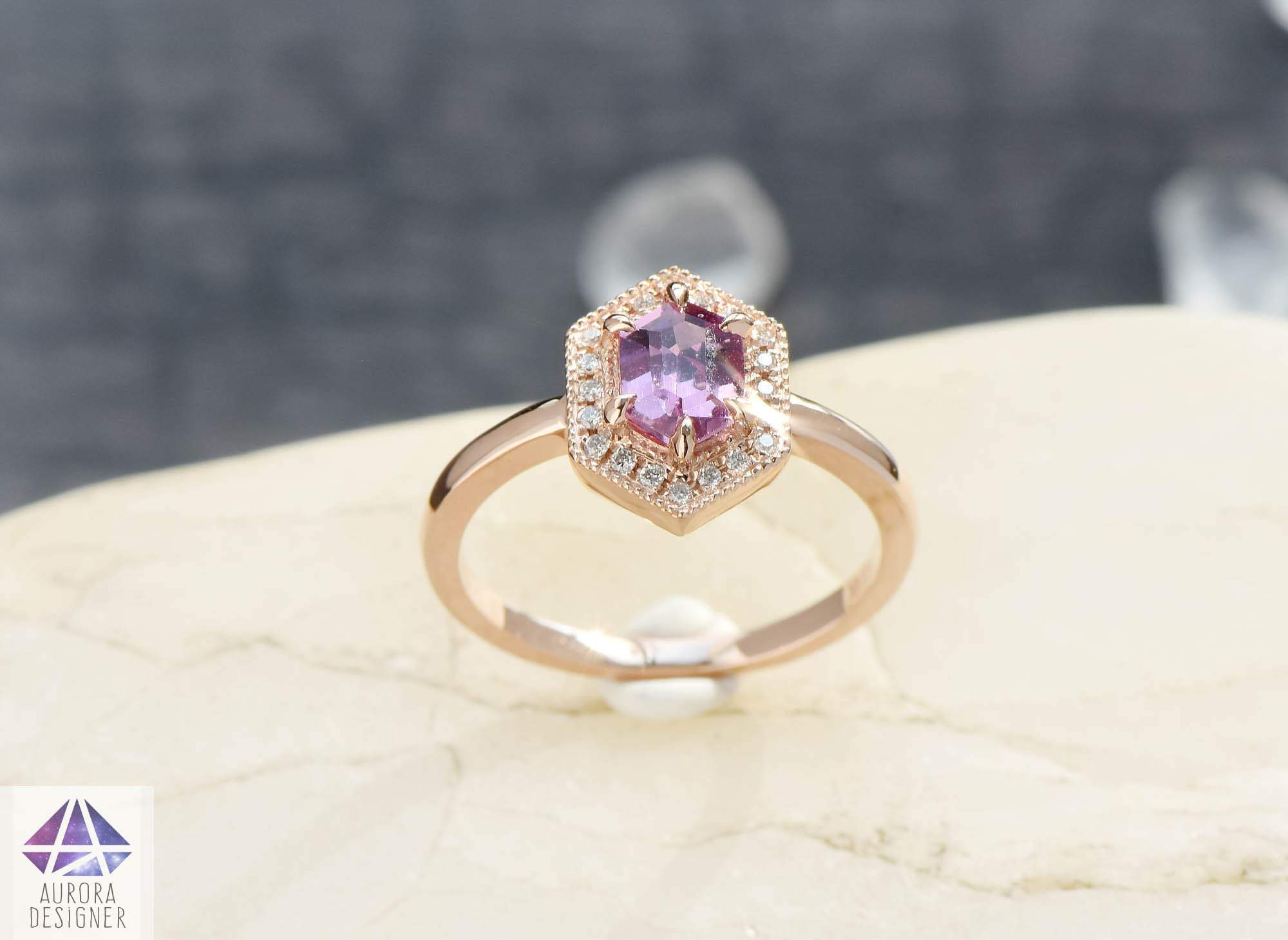 Modern Rose cut Pink Sapphire Diamond Halo Duo Ring - Amber Erin