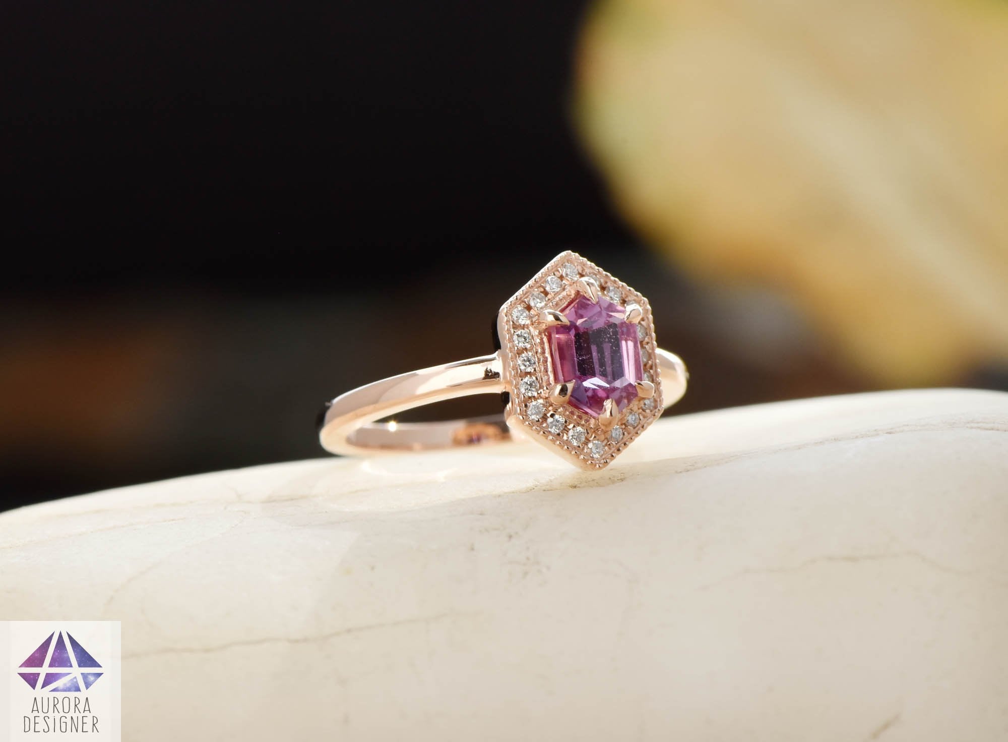 Pink Sapphire Diamond Halo Pendant Necklace 14K Rose Gold