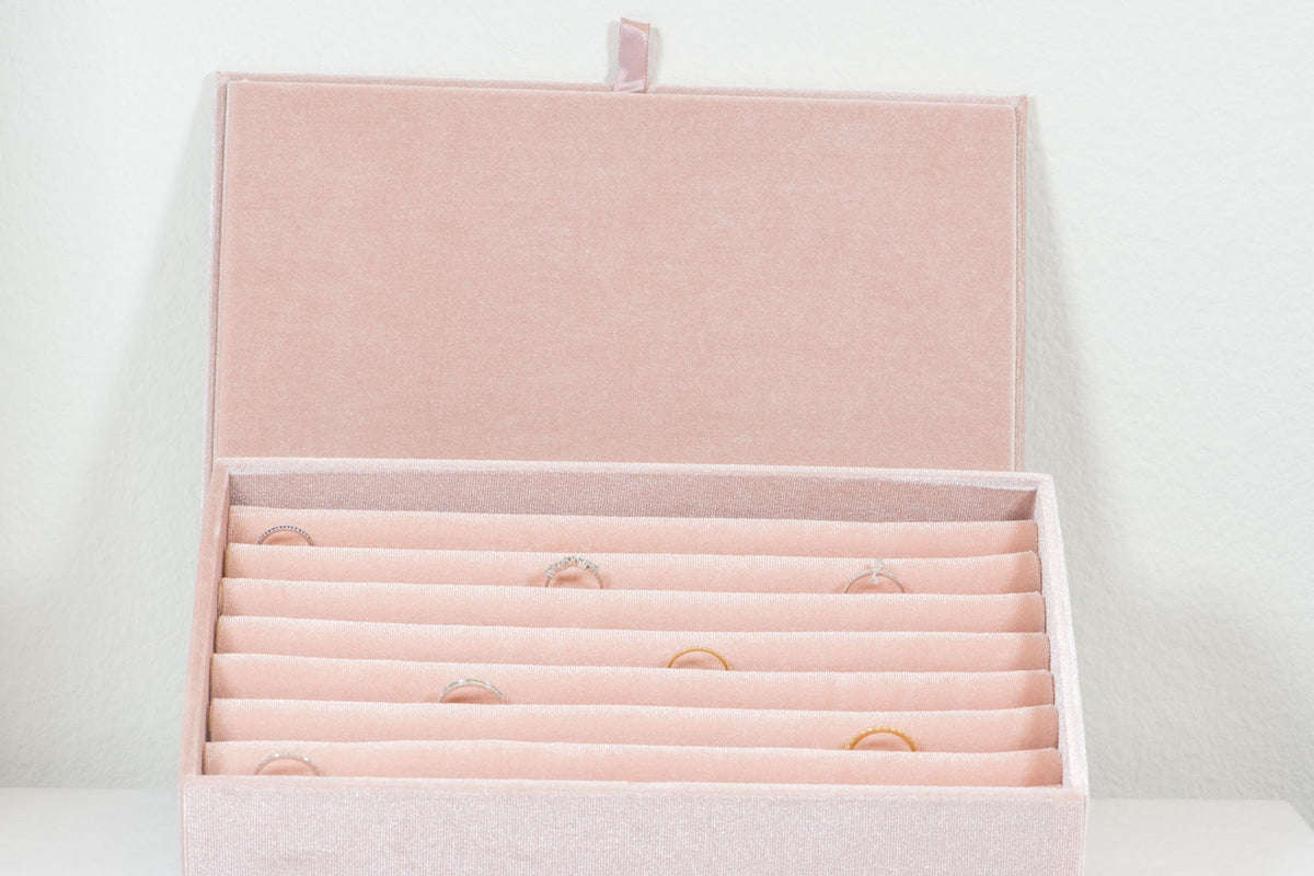 Large Multi-Ring Luxurious Velvet Jewelry Ring Box Tray Display Case Birthday Gift for Her Multiple Row Rings Soft Light Dusty Pink RB005 Aurora Designer