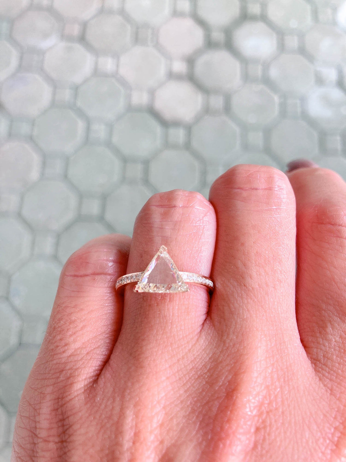 1.5ct Rose Cut Trillion Diamond on Pave Band 14K Rose Gold Engagement Ring R6194 Aurora Designer