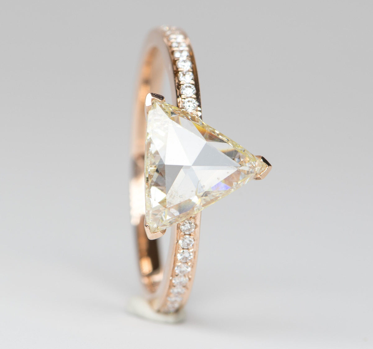 1.5ct Rose Cut Trillion Diamond on Pave Band 14K Rose Gold Engagement Ring R6194 Aurora Designer
