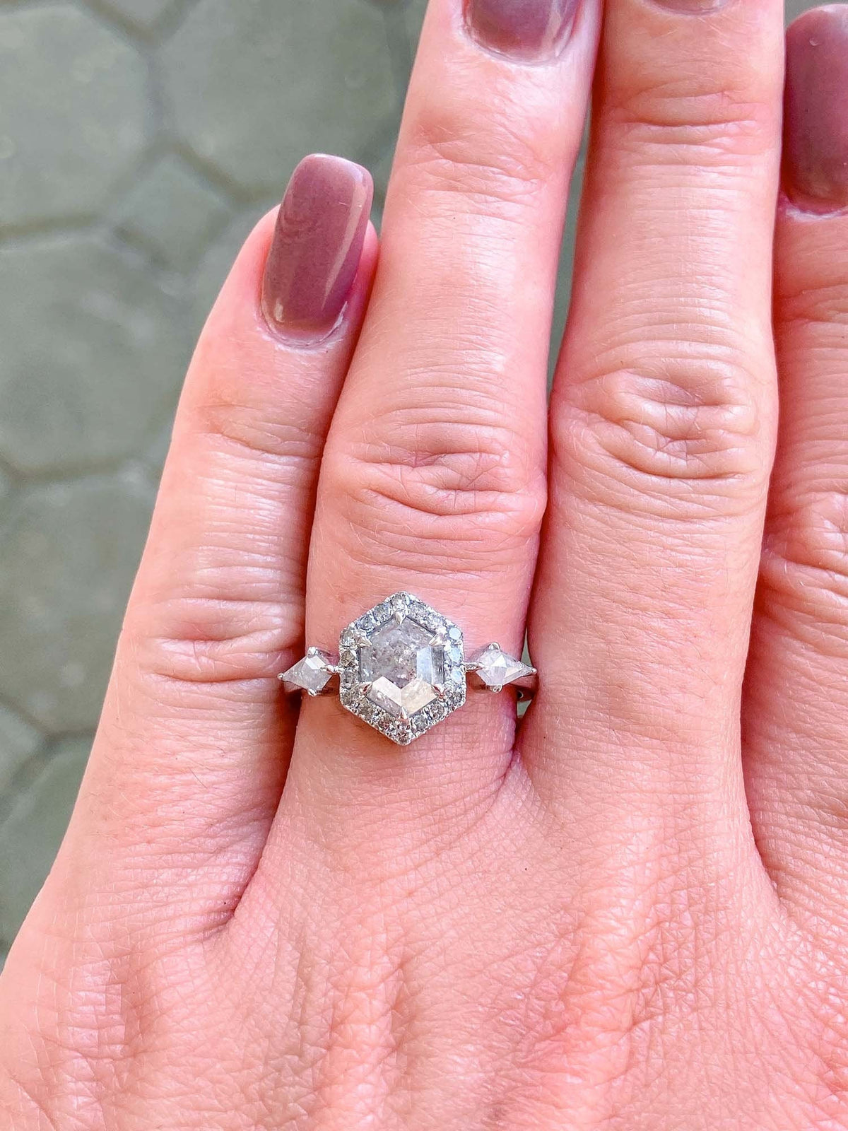 1.41ct Hexagon Diamond with Halo and Kite Sides 14K White Gold Engagement Ring R6197 Aurora Designer