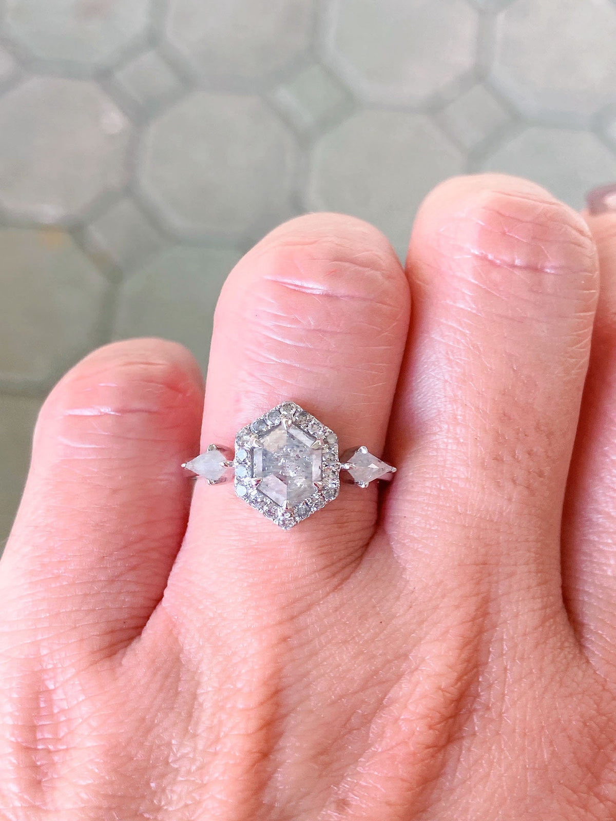 1.41ct Hexagon Diamond with Halo and Kite Sides 14K White Gold Engagement Ring R6197 Aurora Designer