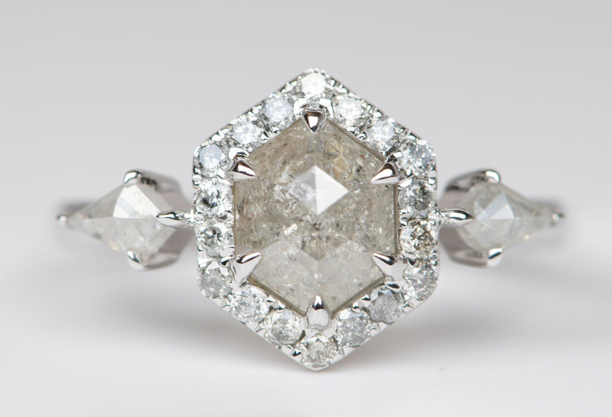 1.41ct Hexagon Diamond with Halo and Kite Sides 14K White Gold Engagement Ring R6197 Aurora Designer