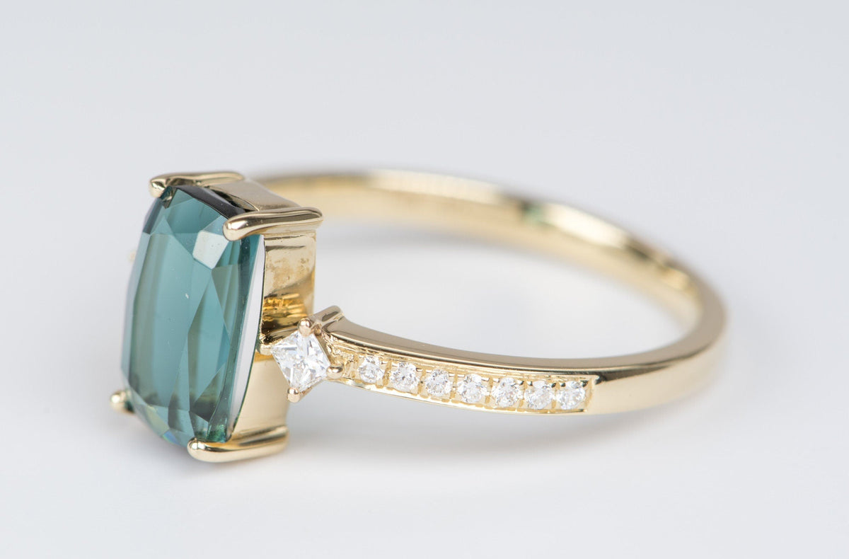 1.73ct Indicolite Tourmaline and Diamond Engagement Ring 14K Yellow Gold OOAK Alternative Bride Unique Gift For Her Modern Bride R6225 Aurora Designer