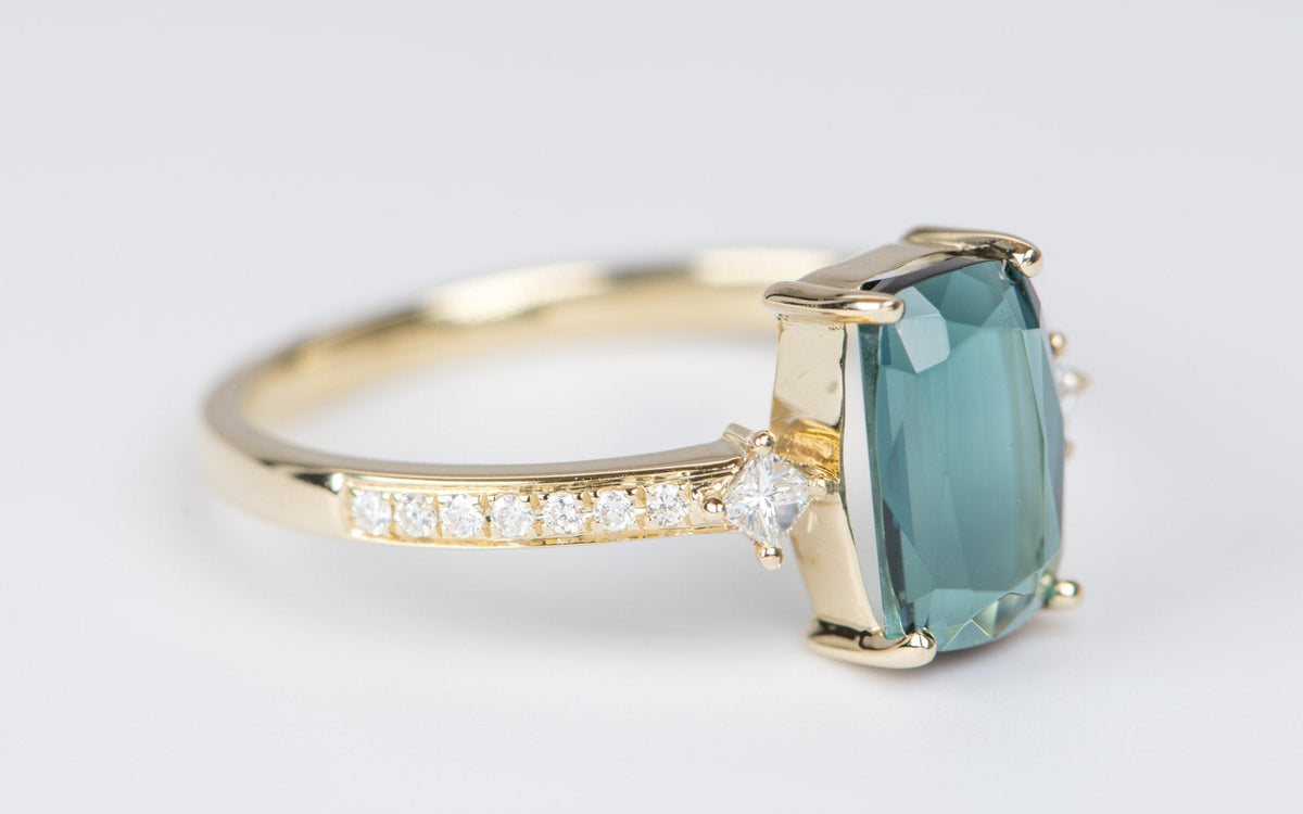 1.73ct Indicolite Tourmaline and Diamond Engagement Ring 14K Yellow Gold OOAK Alternative Bride Unique Gift For Her Modern Bride R6225 Aurora Designer