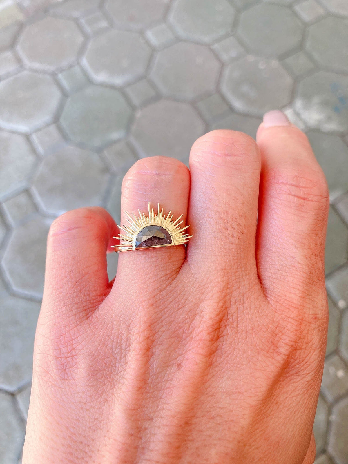 1.35ct Half Moon Diamond with Sun Ray Halo 14K Yellow Gold Engagement Ring OOAK Alternative Bride Unique Ring Celestial R6224 Aurora Designer