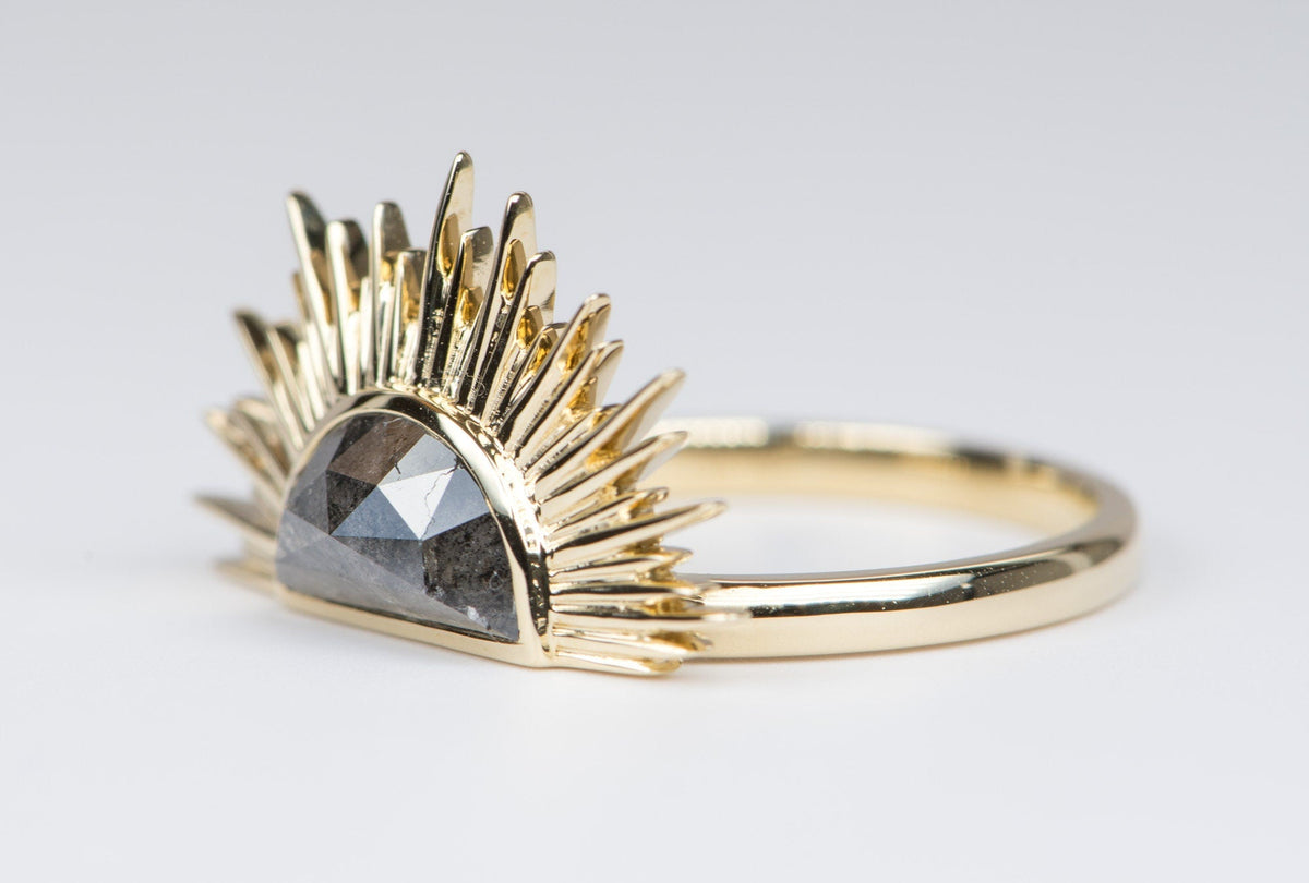 1.35ct Half Moon Diamond with Sun Ray Halo 14K Yellow Gold Engagement Ring OOAK Alternative Bride Unique Ring Celestial R6224 Aurora Designer