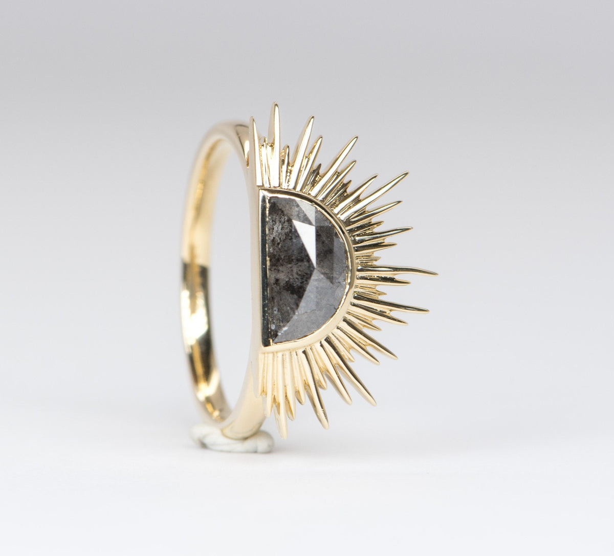 1.35ct Half Moon Diamond with Sun Ray Halo 14K Yellow Gold Engagement Ring OOAK Alternative Bride Unique Ring Celestial R6224 Aurora Designer