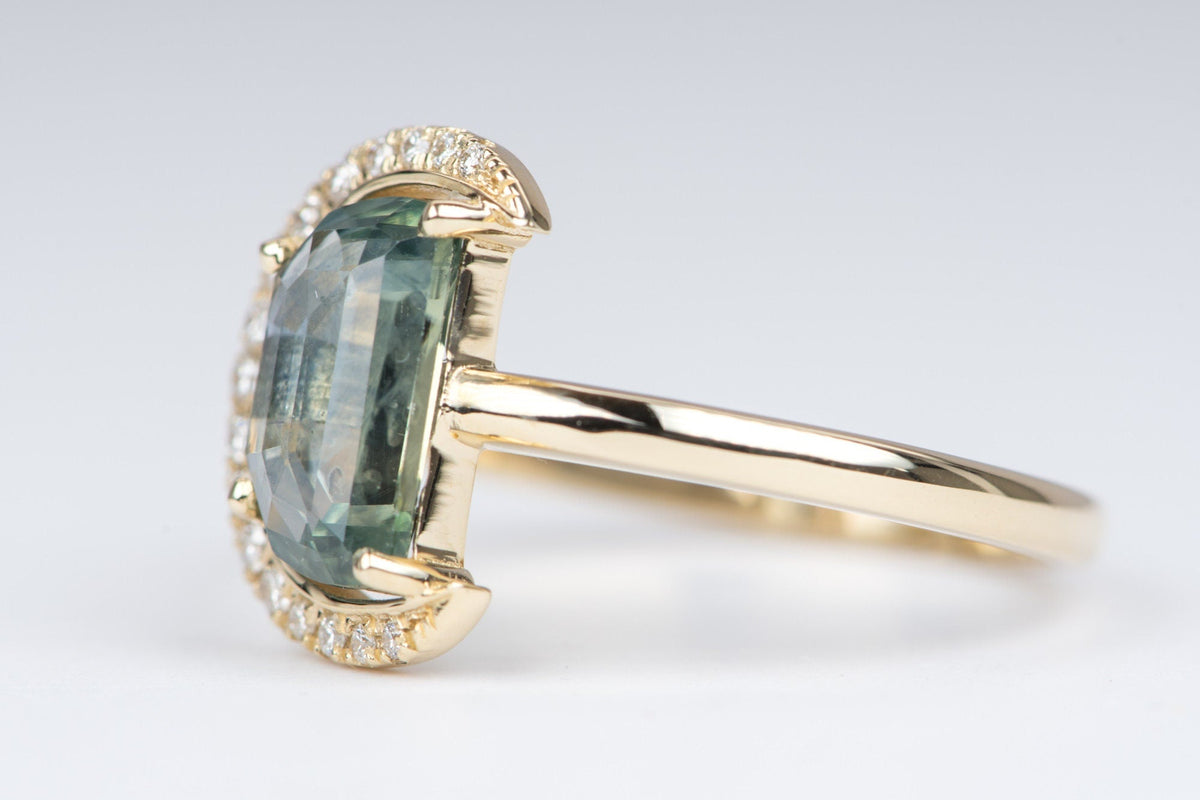 1.64ct Montana Sapphire Half Moon with Diamond Halo 14K Yellow Gold Engagement Ring OOAK Celestial Gift For Her September Birthstone R6222 Aurora Designer
