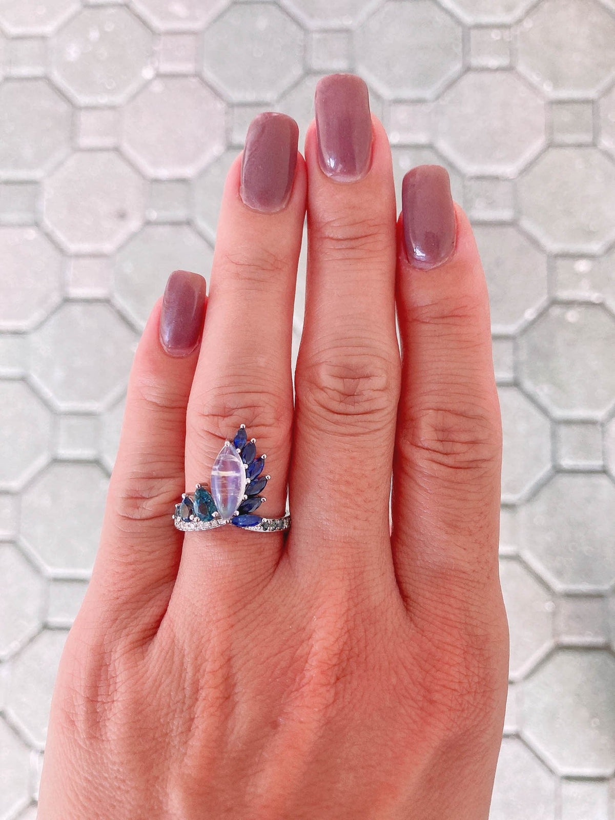 2.06ct Blue Flash Peacock Ring with Rainbow Moonstone Teal Sapphire Diamond Band 14K White Gold OOAK Alternative Bride Unique Ring R6219 Aurora Designer