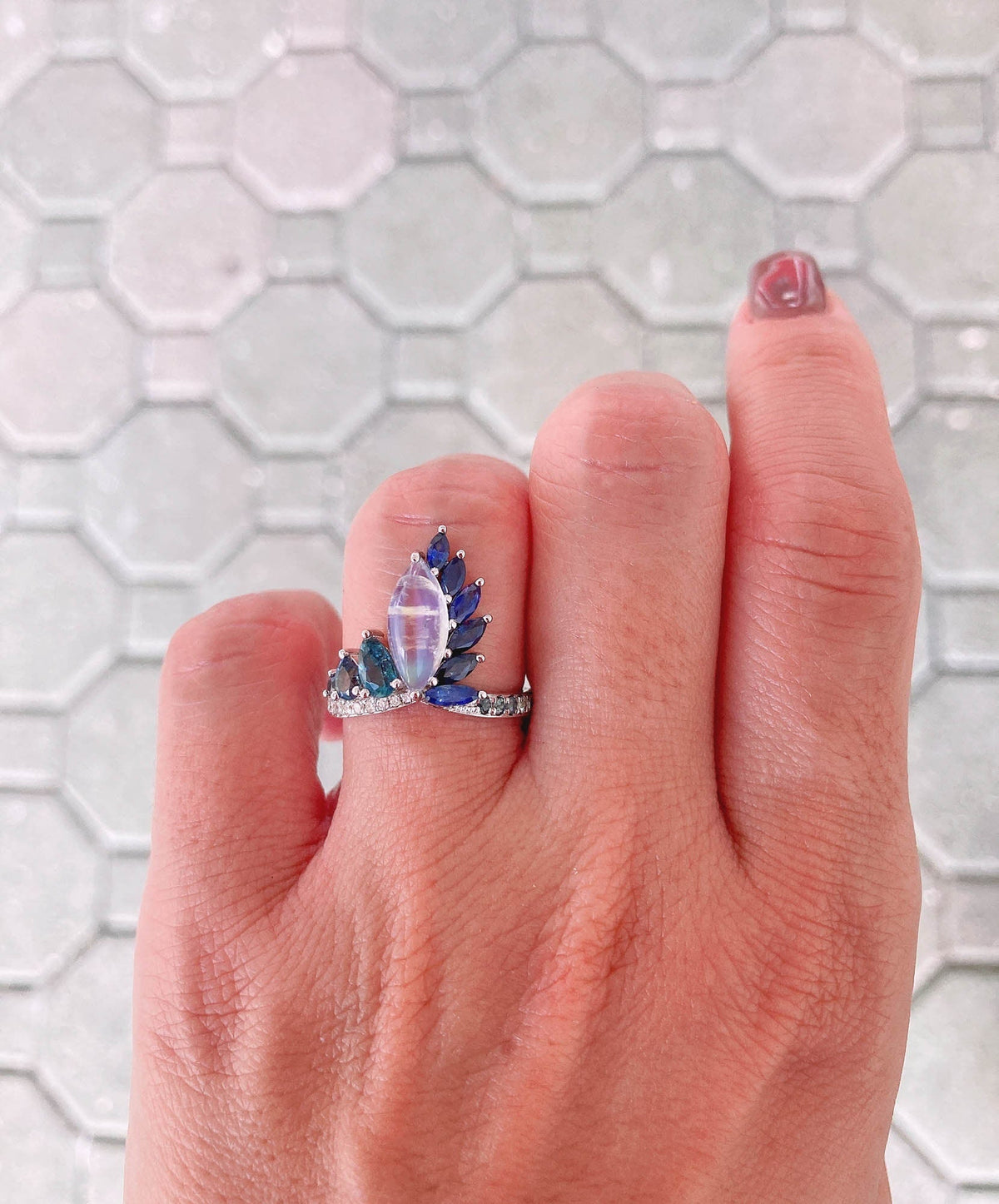 2.06ct Blue Flash Peacock Ring with Rainbow Moonstone Teal Sapphire Diamond Band 14K White Gold OOAK Alternative Bride Unique Ring R6219 Aurora Designer