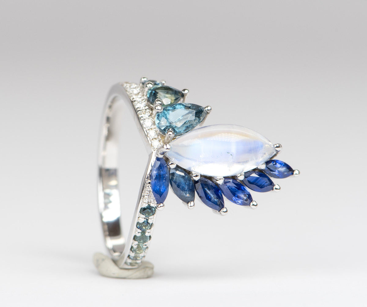 2.06ct Blue Flash Peacock Ring with Rainbow Moonstone Teal Sapphire Diamond Band 14K White Gold OOAK Alternative Bride Unique Ring R6219 Aurora Designer
