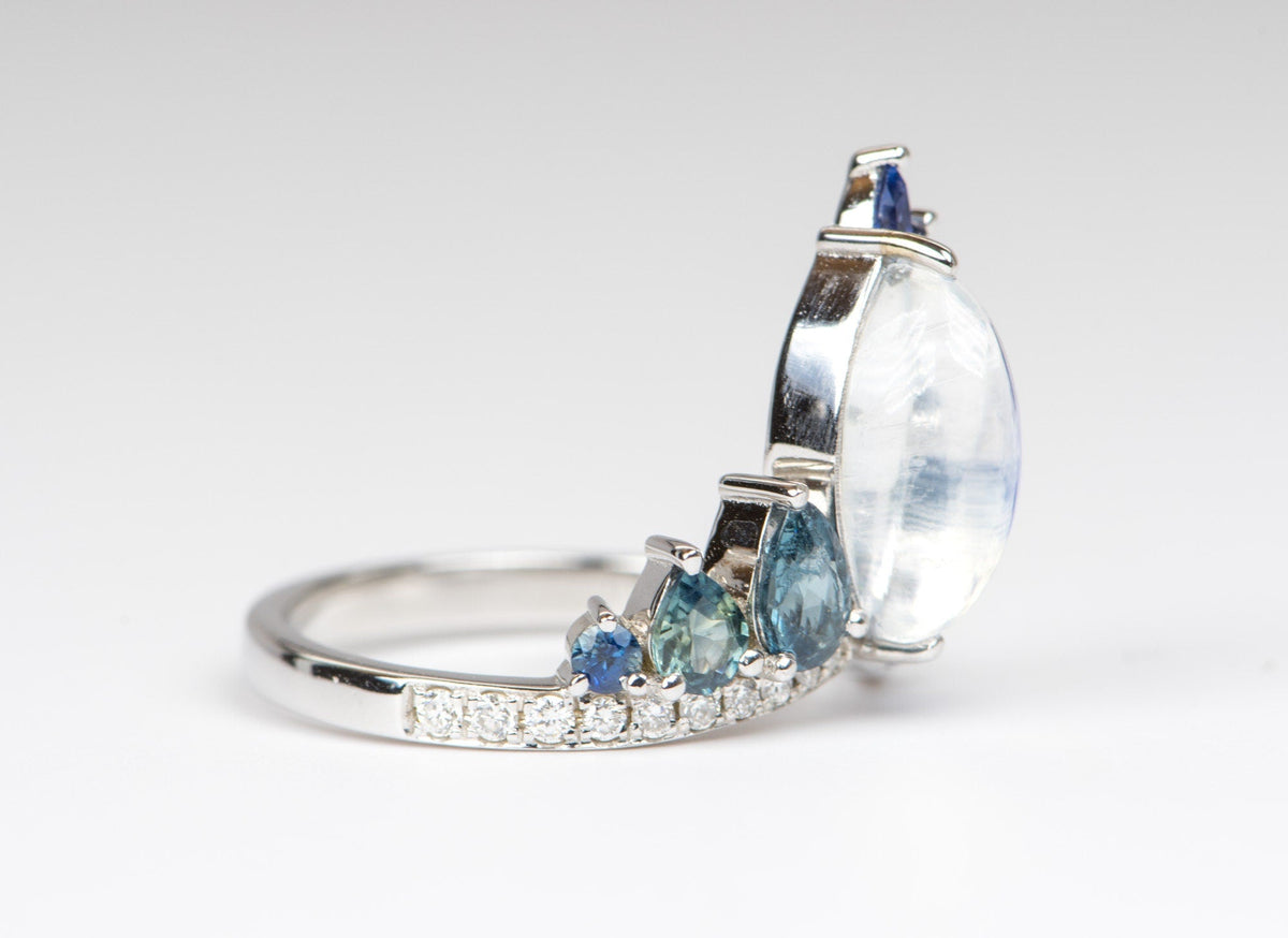 2.06ct Blue Flash Peacock Ring with Rainbow Moonstone Teal Sapphire Diamond Band 14K White Gold OOAK Alternative Bride Unique Ring R6219 Aurora Designer