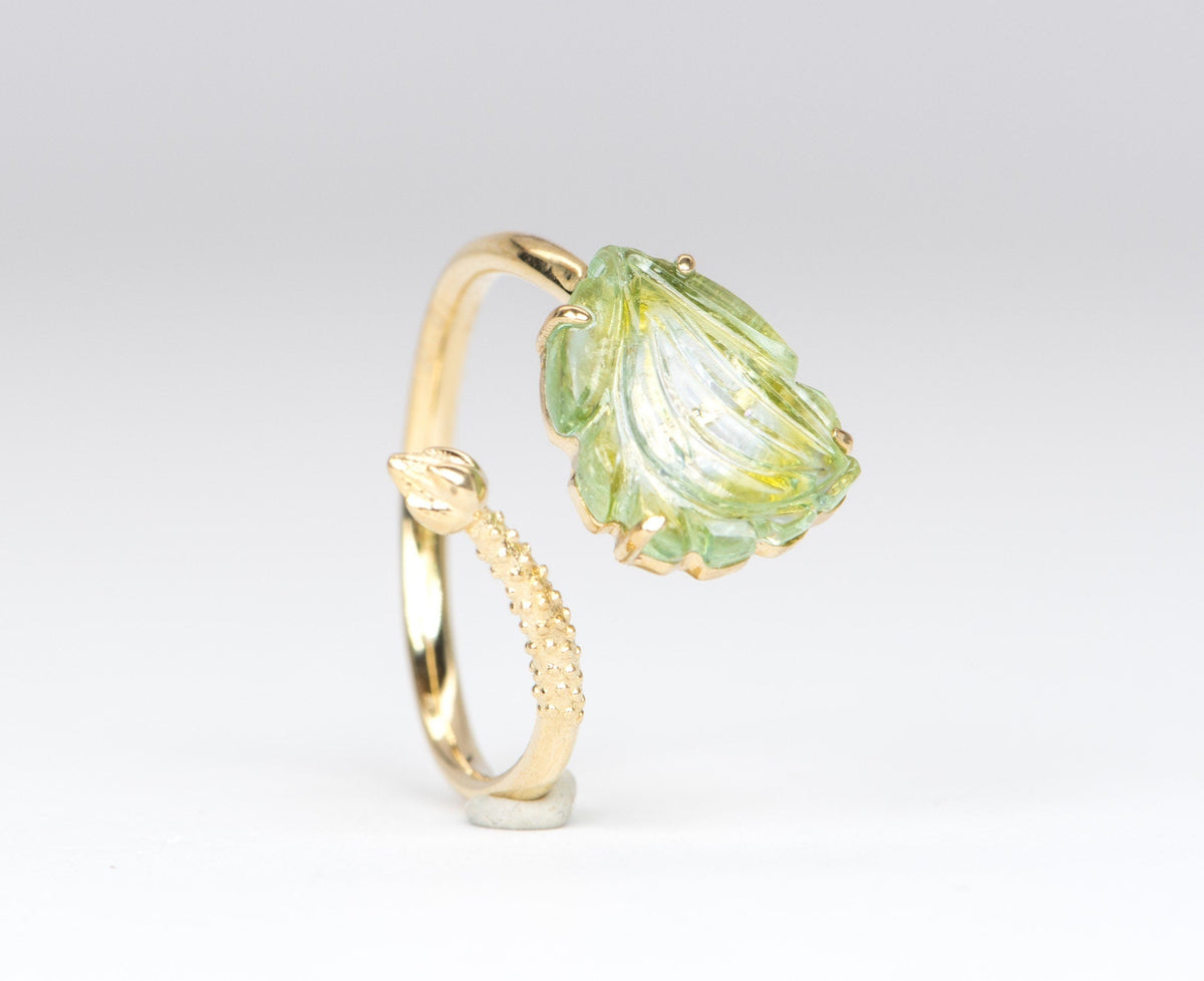 2.88ct Tourmaline Carved Flower with Lotus Stem 14K Yellow Gold Open End Ring OOAK Gift For Her Statement Ring Unique Gift R6211 Aurora Designer