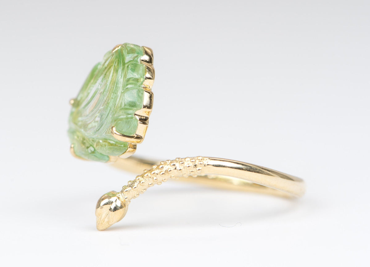 2.88ct Tourmaline Carved Flower with Lotus Stem 14K Yellow Gold Open End Ring OOAK Gift For Her Statement Ring Unique Gift R6211 Aurora Designer