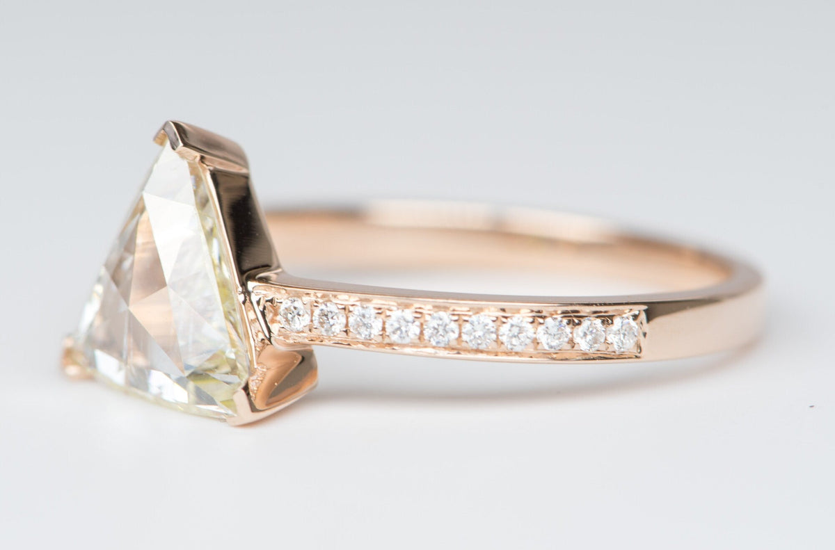 1.5ct Rose Cut Trillion Diamond on Pave Band 14K Rose Gold Engagement Ring R6194 Aurora Designer