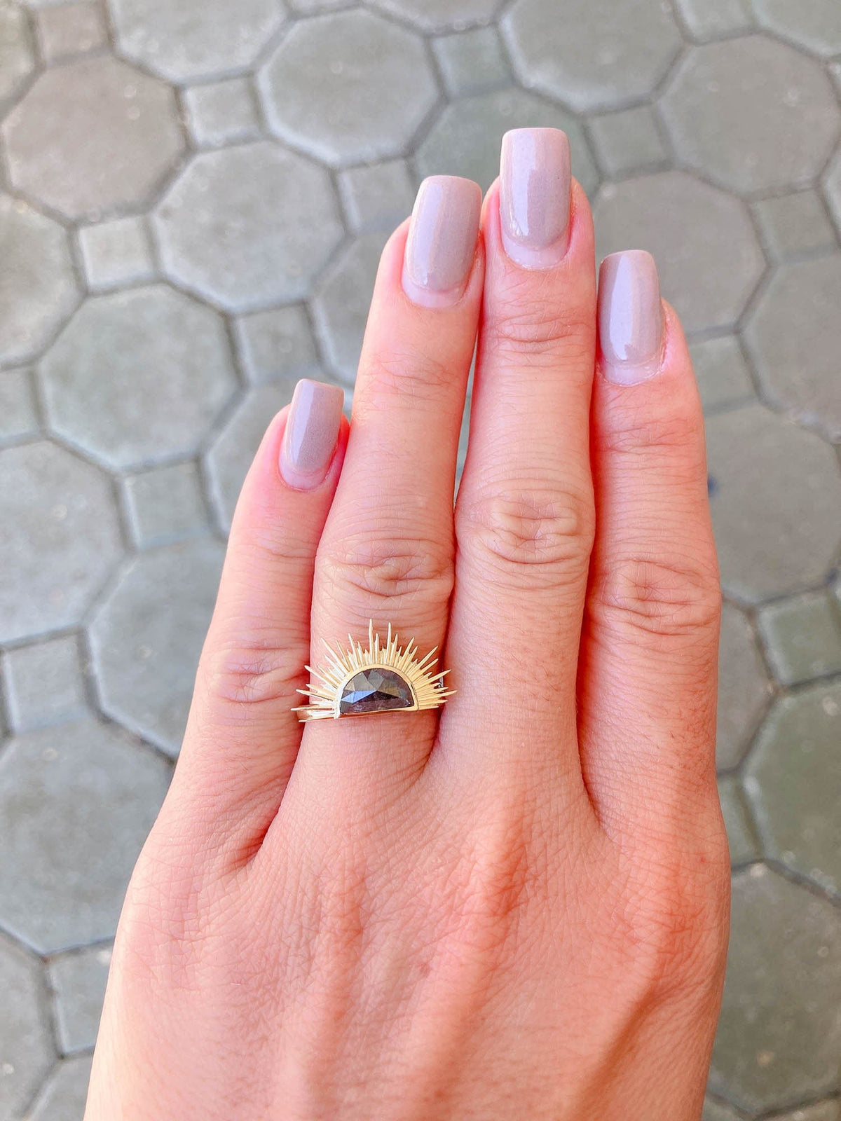 1.35ct Half Moon Diamond with Sun Ray Halo 14K Yellow Gold Engagement Ring OOAK Alternative Bride Unique Ring Celestial R6224 Aurora Designer