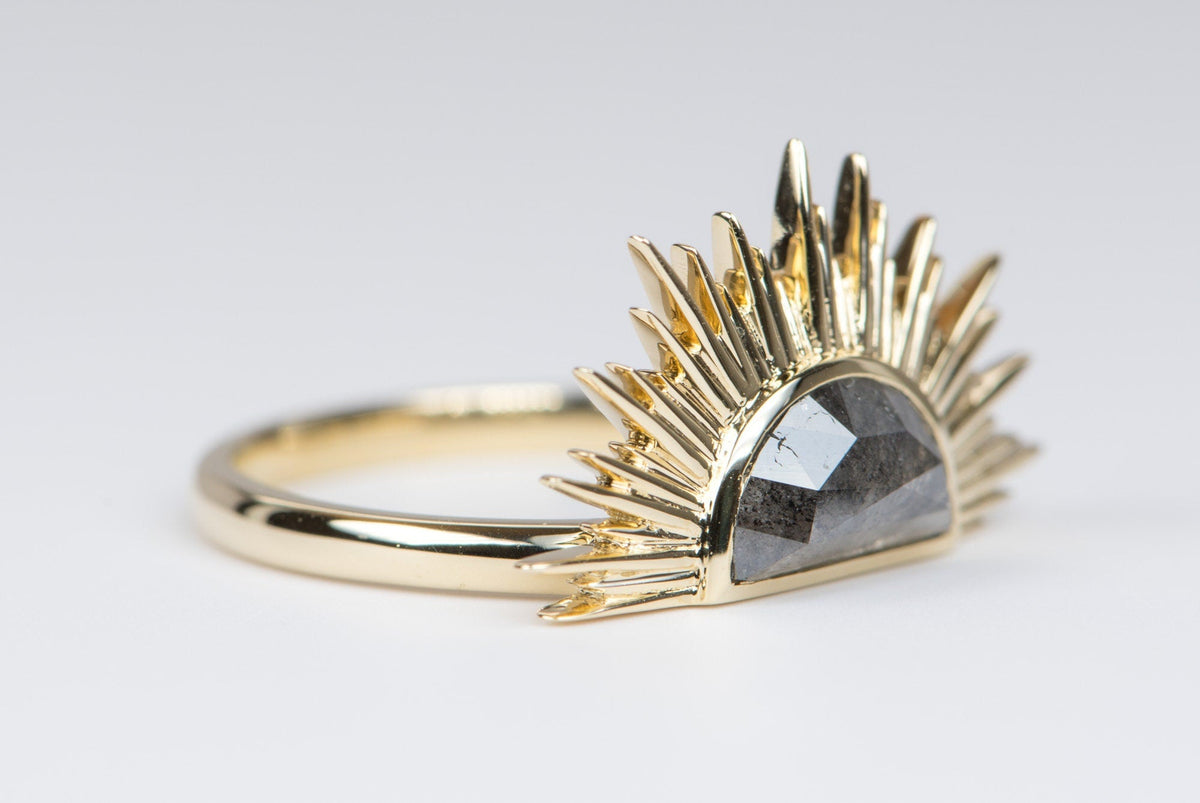 1.35ct Half Moon Diamond with Sun Ray Halo 14K Yellow Gold Engagement Ring OOAK Alternative Bride Unique Ring Celestial R6224 Aurora Designer
