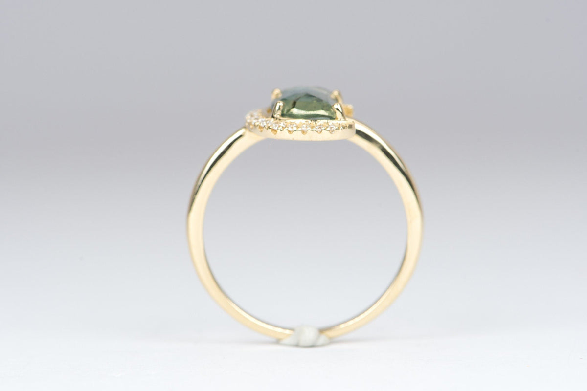 1.64ct Montana Sapphire Half Moon with Diamond Halo 14K Yellow Gold Engagement Ring OOAK Celestial Gift For Her September Birthstone R6222 Aurora Designer