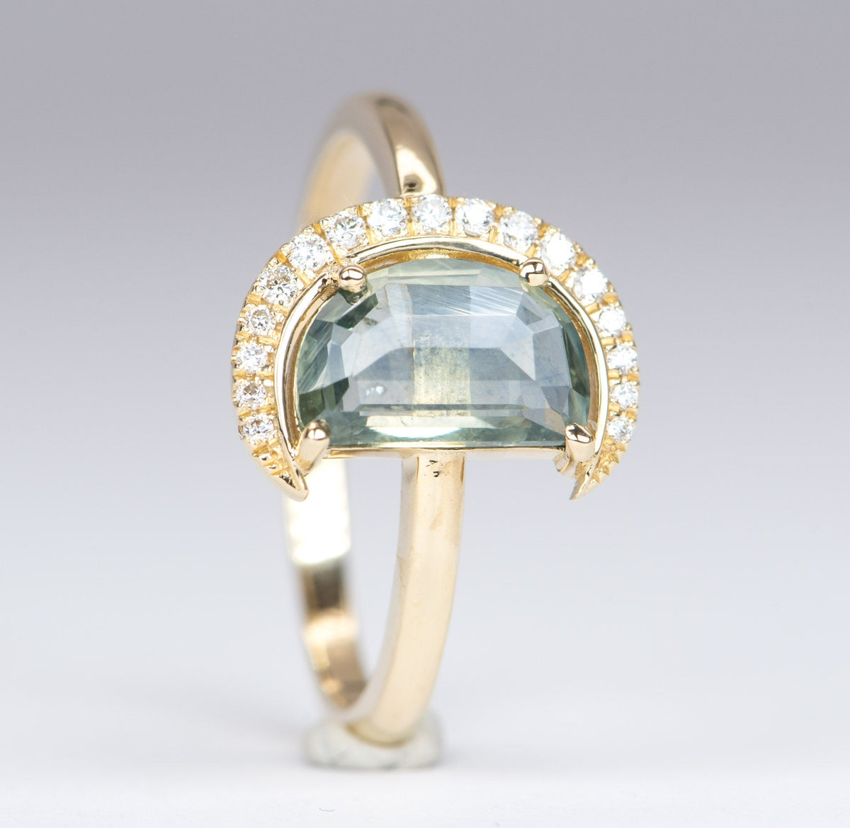 1.64ct Montana Sapphire Half Moon with Diamond Halo 14K Yellow Gold Engagement Ring OOAK Celestial Gift For Her September Birthstone R6222 Aurora Designer