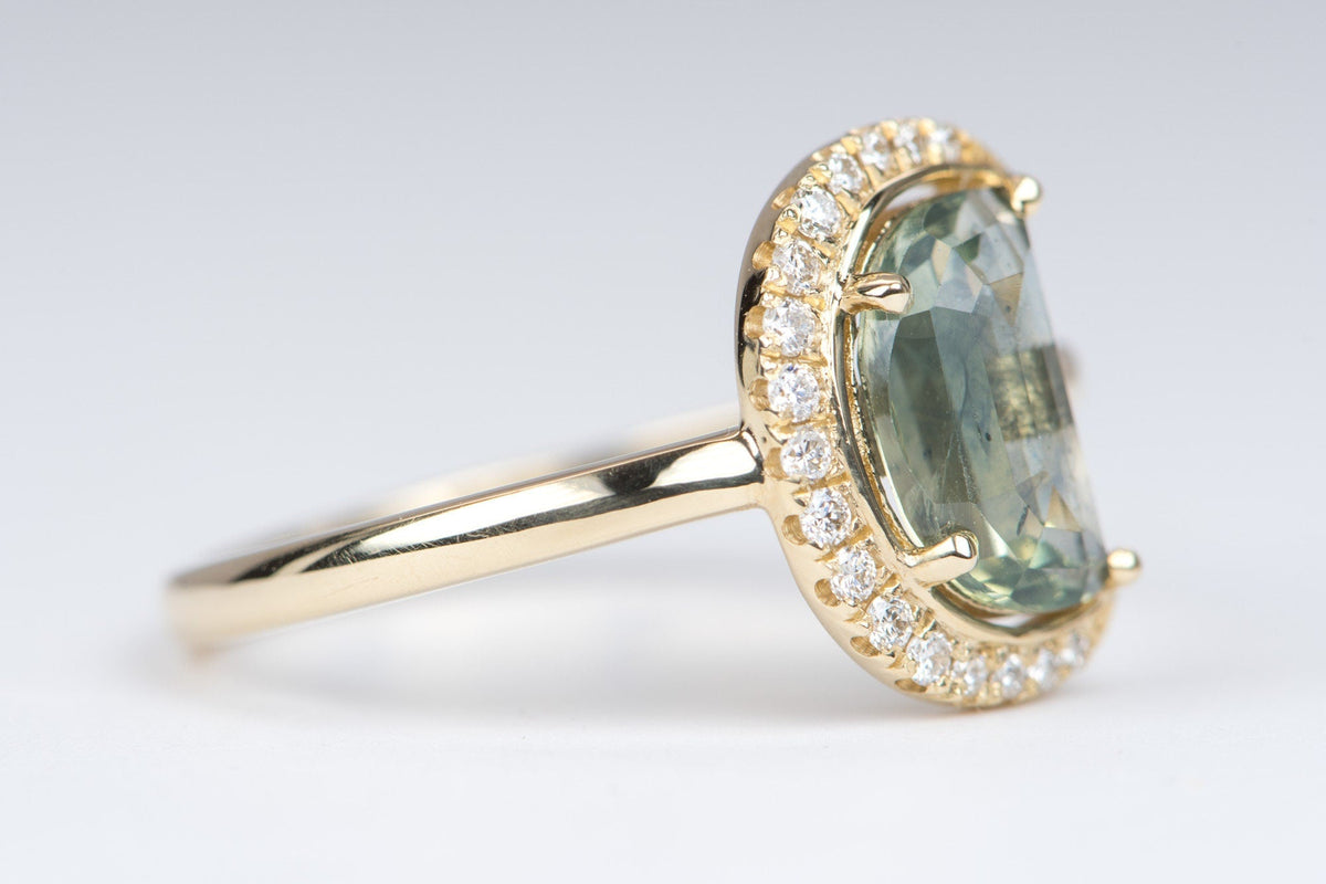1.64ct Montana Sapphire Half Moon with Diamond Halo 14K Yellow Gold Engagement Ring OOAK Celestial Gift For Her September Birthstone R6222 Aurora Designer