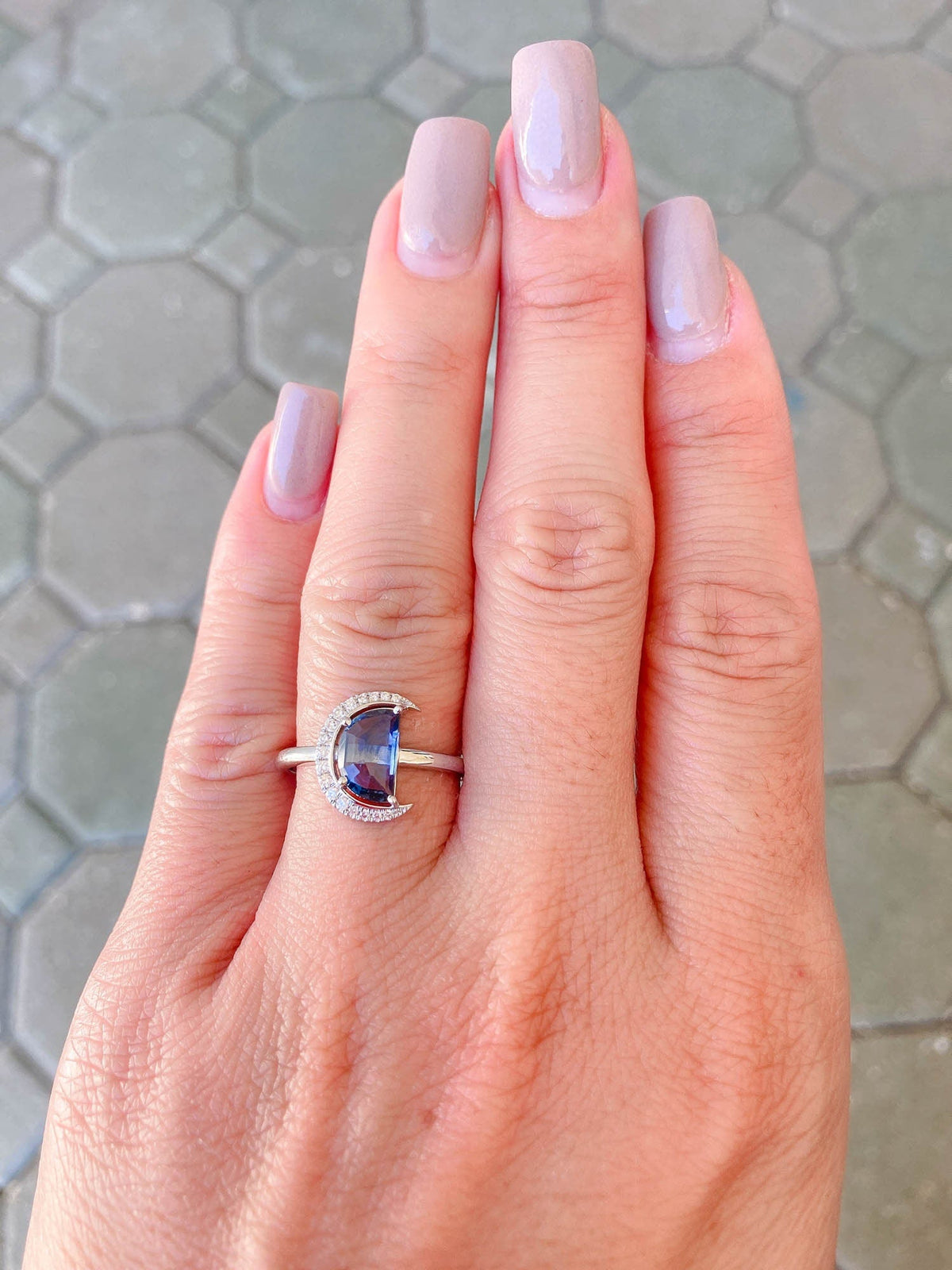 1.64ct Montana Sapphire Half Moon with Diamond Halo 14K Yellow Gold Engagement Ring OOAK Celestial Gift For Her September Birthstone R6222 Aurora Designer