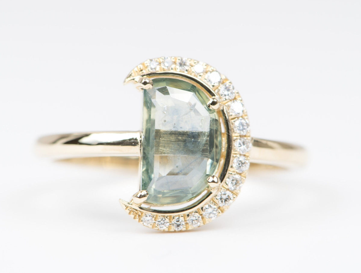 1.64ct Montana Sapphire Half Moon with Diamond Halo 14K Yellow Gold Engagement Ring OOAK Celestial Gift For Her September Birthstone R6222 Aurora Designer