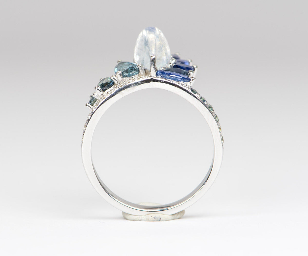 2.06ct Blue Flash Peacock Ring with Rainbow Moonstone Teal Sapphire Diamond Band 14K White Gold OOAK Alternative Bride Unique Ring R6219 Aurora Designer