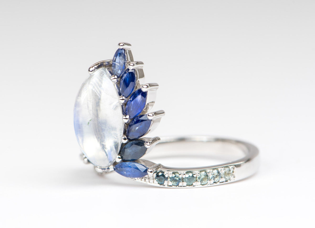 2.06ct Blue Flash Peacock Ring with Rainbow Moonstone Teal Sapphire Diamond Band 14K White Gold OOAK Alternative Bride Unique Ring R6219 Aurora Designer