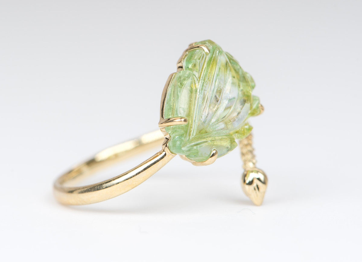2.88ct Tourmaline Carved Flower with Lotus Stem 14K Yellow Gold Open End Ring OOAK Gift For Her Statement Ring Unique Gift R6211 Aurora Designer
