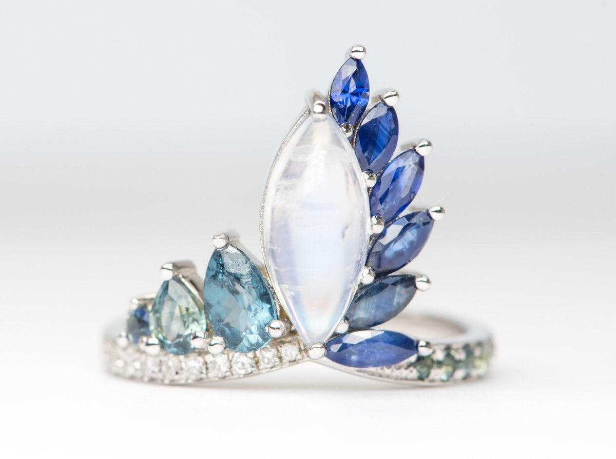 2.06ct Blue Flash Peacock Ring with Rainbow Moonstone Teal Sapphire Diamond Band 14K White Gold OOAK Alternative Bride Unique Ring R6219 Aurora Designer