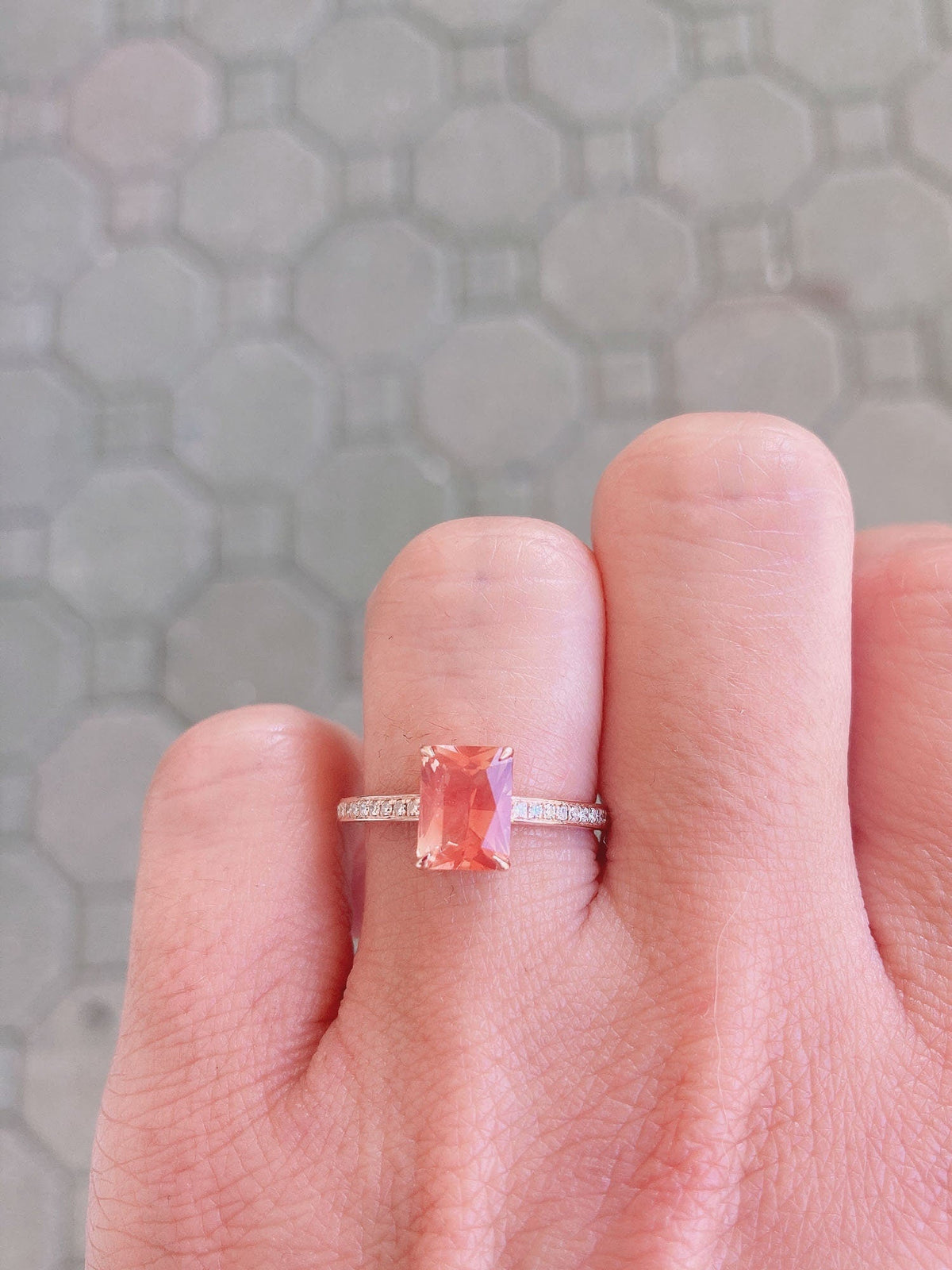 1.23ct Red Oregon Sunstone with Diamond Pave Band 14K Rose Gold Engagement Ring OOAK Alternative Bride Gift For Her Modern Bride R6233 Aurora Designer