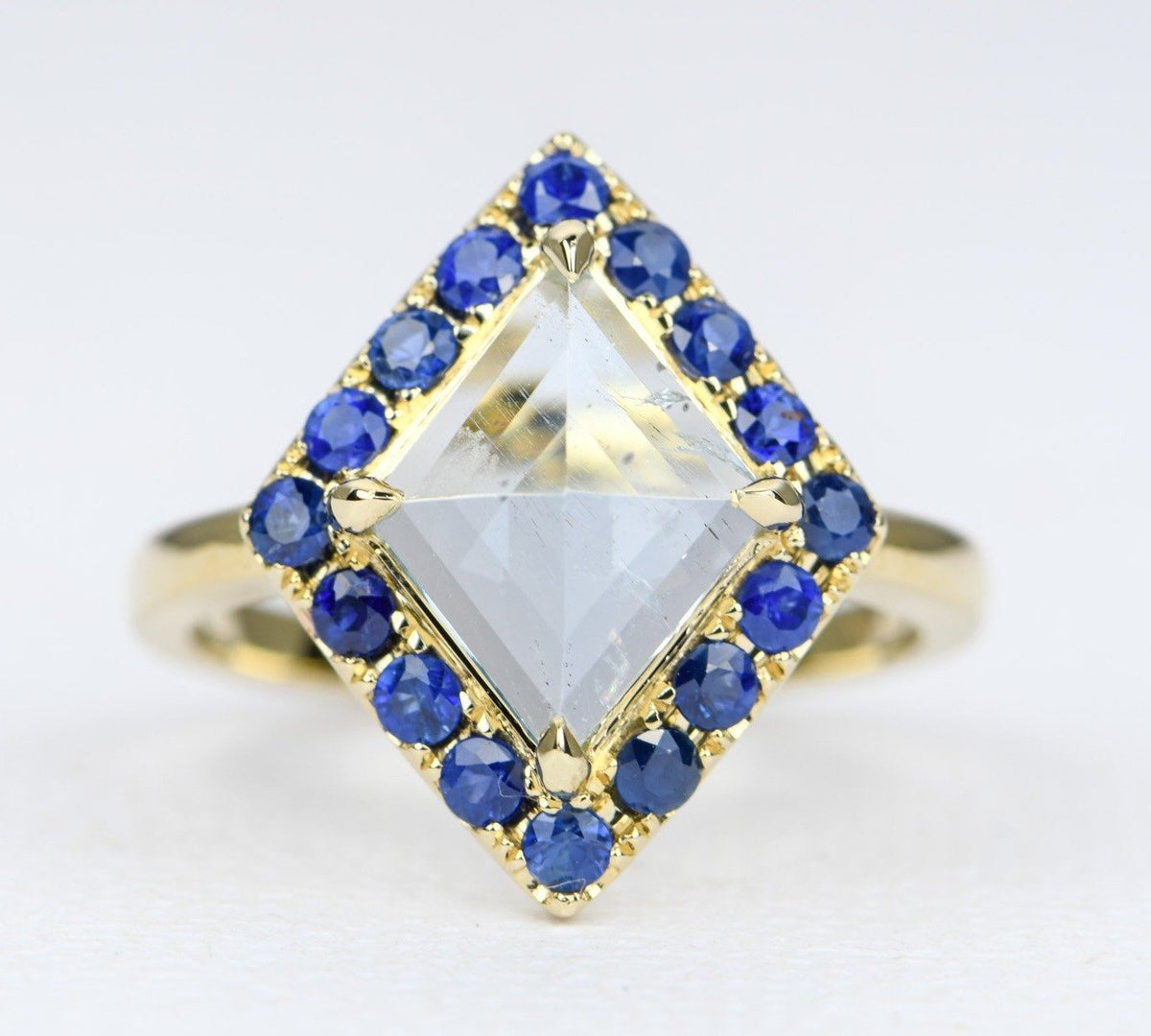 Kite Shape Aquamarine Blue Sapphire Halo 14K Yellow Gold Engagement Ring Alternative Bride AD1997