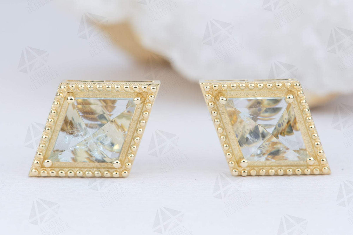 Kite Shape Aquamarine Unique Earrings 14K Yellow Gold Ear Studs Milgrain Edge Birthday AD2015-2