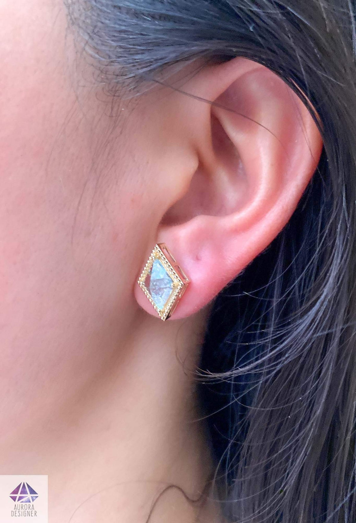 Kite Shape Aquamarine Unique Earrings 14K Yellow Gold Ear Studs Milgrain Edge Birthday AD2015-2