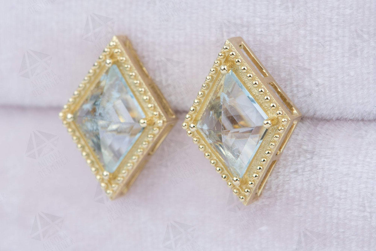Kite Shape Aquamarine Unique Earrings 14K Yellow Gold Ear Studs Milgrain Edge Birthday AD2015-2