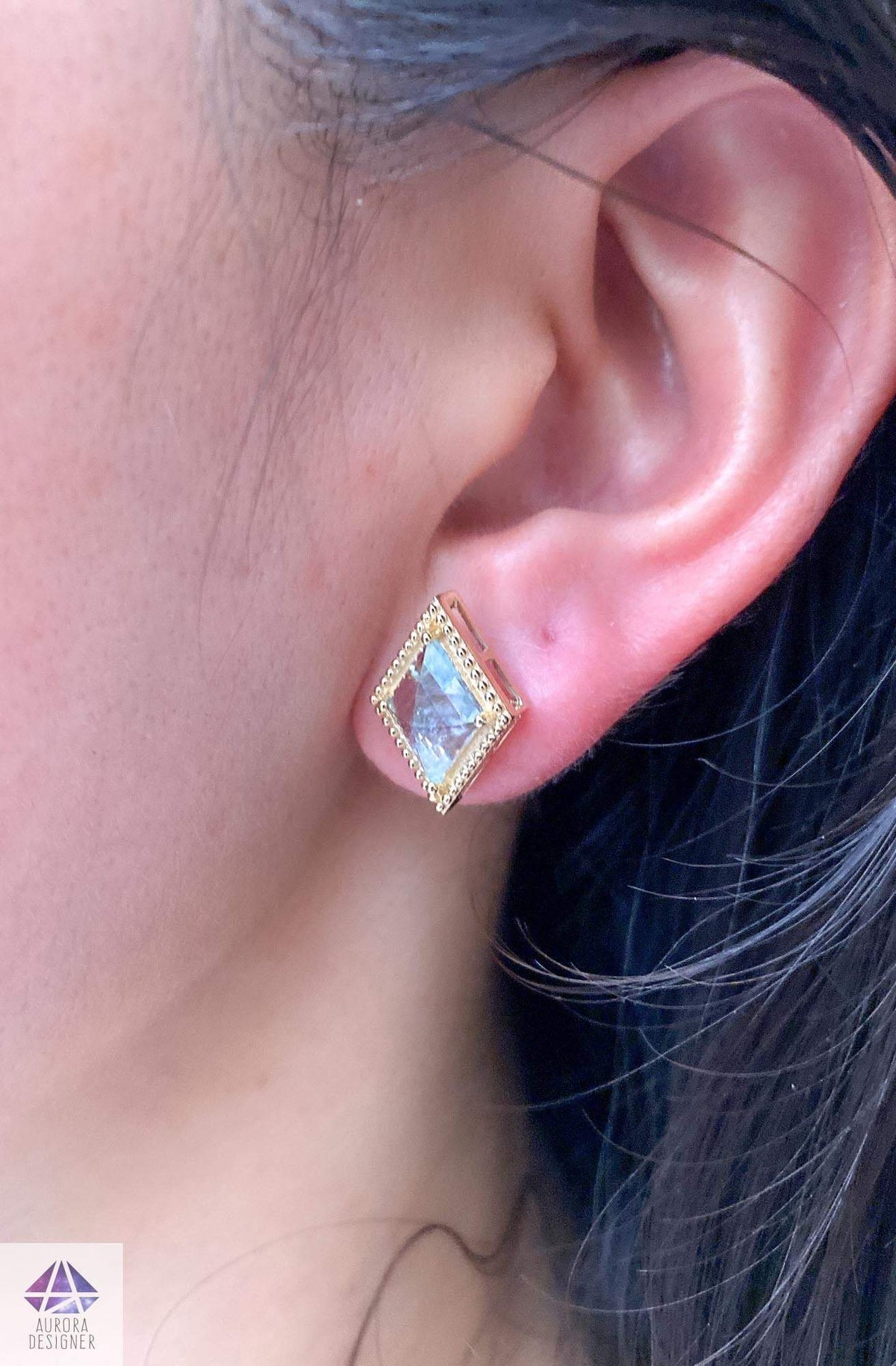 Kite Shape Aquamarine Unique Earrings 14K Yellow Gold Ear Studs Milgrain Edge Birthday AD2015-2
