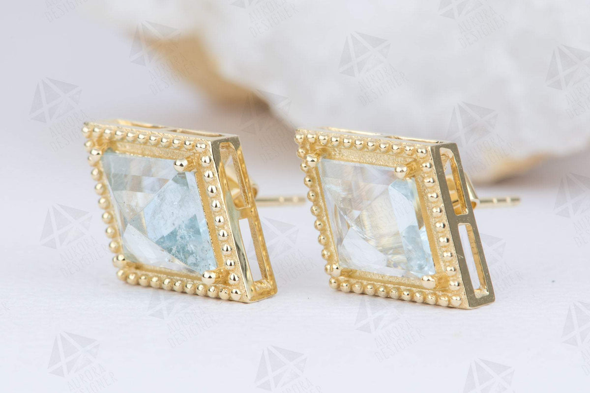 Kite Shape Aquamarine Unique Earrings 14K Yellow Gold Ear Studs Milgrain Edge Birthday AD2015-2
