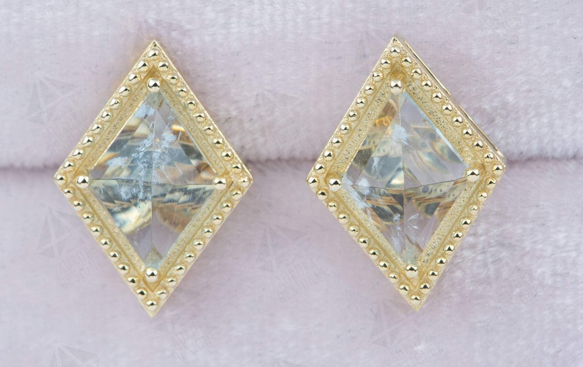Kite Shape Aquamarine Unique Earrings 14K Yellow Gold Ear Studs Milgrain Edge Birthday AD2015-2