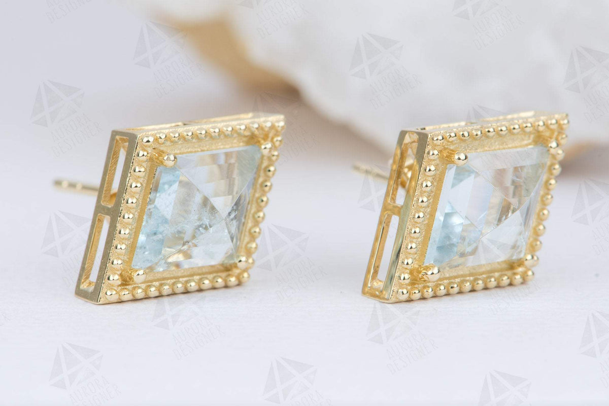 Kite Shape Aquamarine Unique Earrings 14K Yellow Gold Ear Studs Milgrain Edge Birthday AD2015-2