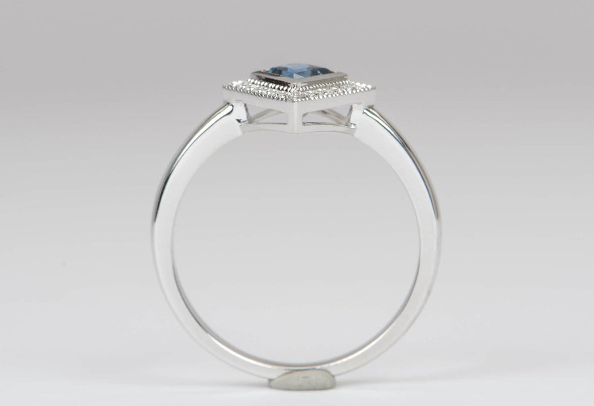 Kite Shape Montana Sapphire with Diamond Halo 14K White Gold Engagement Ring R6069