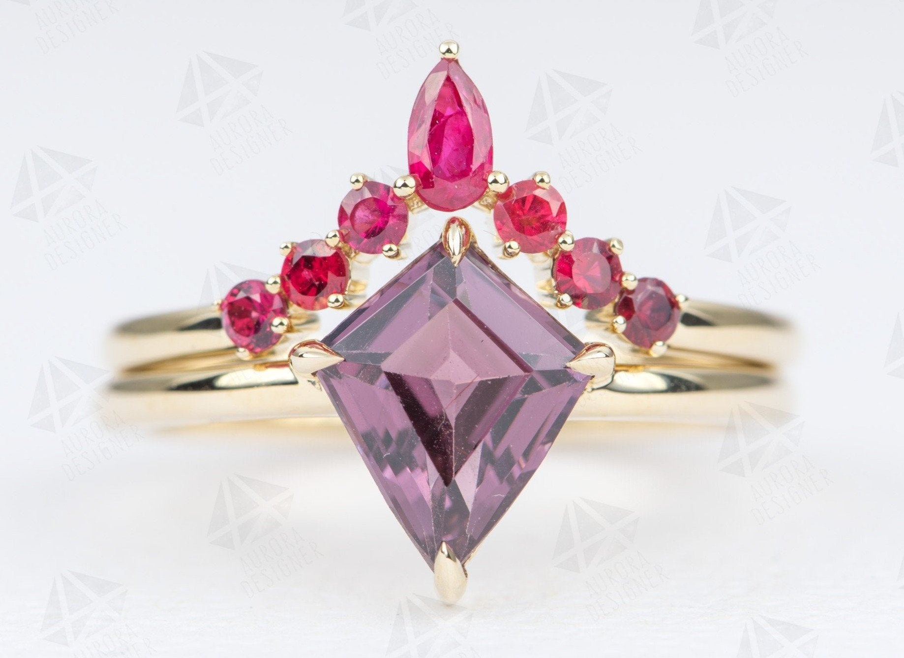 Kite Shape Spinel 14K Yellow Gold Engagement Ring Bridal Set