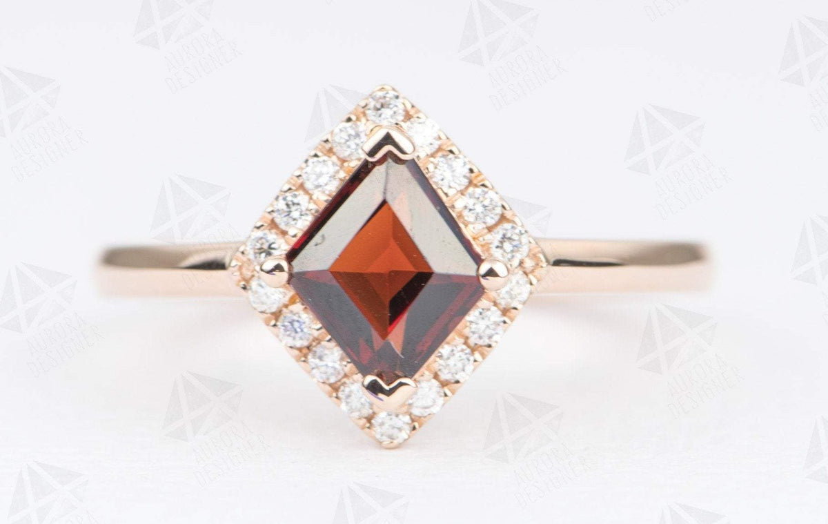 Kite Shape Spinel with Diamond Halo Engagement Ring 14K Rose Gold Red Geometric August AD1258-7